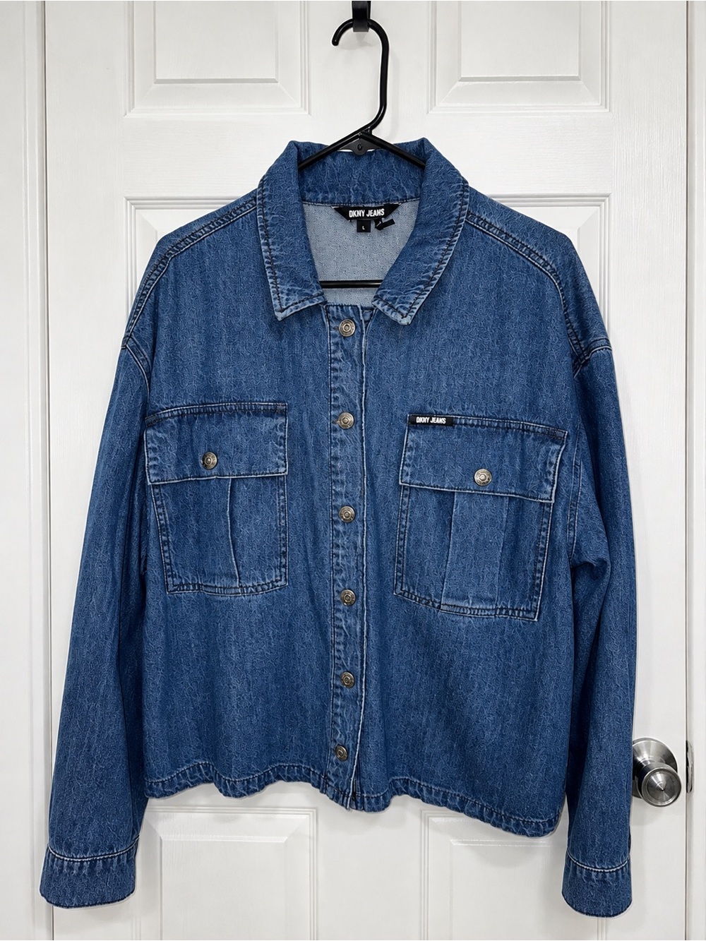 DKNY Lightweight Denim Shacket Size L- 24”L × 22”W pit to pit, relaxed oversized